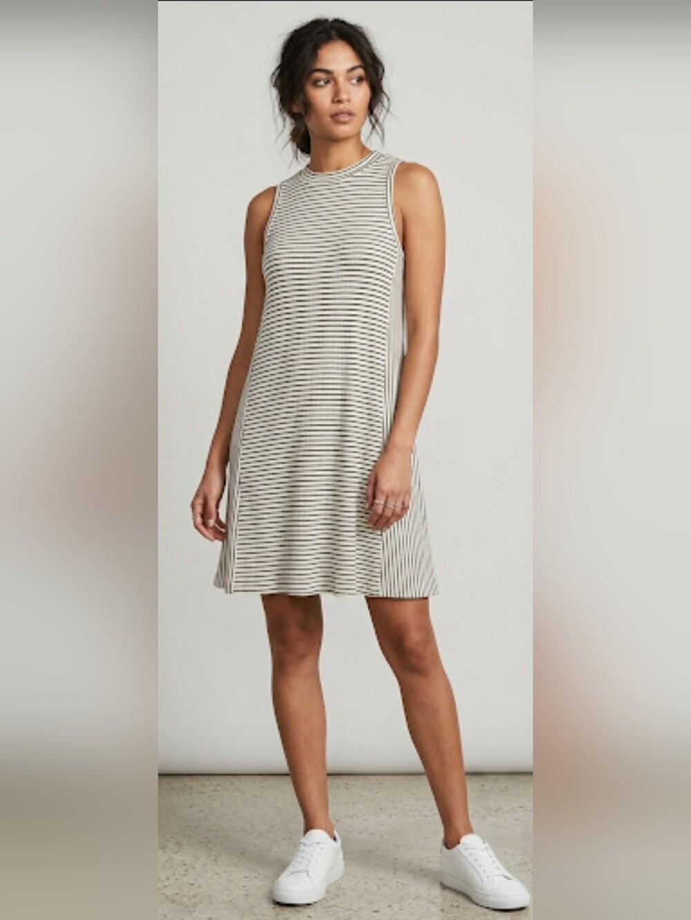 Paper Crane Ribbed Striped Mock Neck Sleeveless Trapeze Dress Cream Black Medium